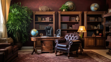 Inspiring office interior design Traditional style Study room featuring Antique furniture architecture. Generative AI AIG 31.の素材