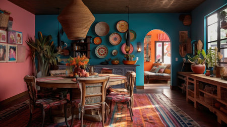Interior design inspiration of Bohemian Eclectic style home dining room loveliness decorated with Rattan and Velvet material and Statement Wall .Generative AI home interior design .の素材
