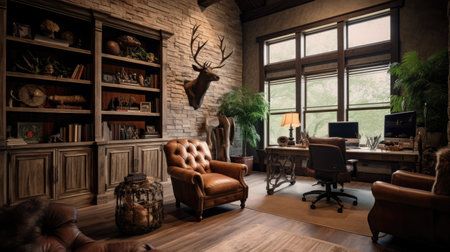 Inspiring office interior design Rustic style Home office featuring Fireplace architecture. Generative AI AIG 31.の素材