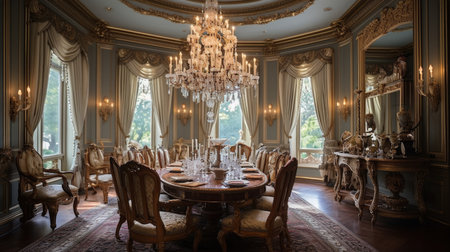 Interior design inspiration of Traditional Glamorous style home dining room loveliness decorated with Velvet and Gold material and Chandelier .Generative AI home interior design .の素材