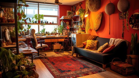 Inspiring office interior design Bohemian style Creative space featuring Eclectic decor architecture. Generative AI AIG 31.の素材