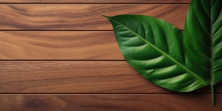 Flat lay photo brown wooden and green leaf around it, copy space background. Generative AI image weber.の素材