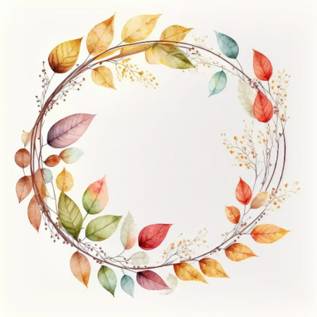 Circle frame with autumn leaves watercolor painted isolated on white background. Theme of vintage minimal art design in geometric. Finest generative AI.の素材