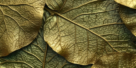 Dry Gold Green leaves Surface textured background, realism, realistic, hyper realistic. Generative AI image weber.の素材