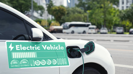 Electric car recharge with EV charger at futuristic car park utilization of charging station display...