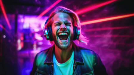 candid shot of an excited young scandinavian man party with headphones. beautiful Generative AI AIG32の素材