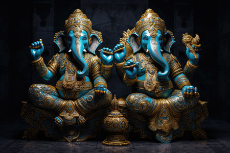 the ganeshas are pictured in their sitting pose, with gold plated hands & arms. beautiful Generative AI AIG32の素材