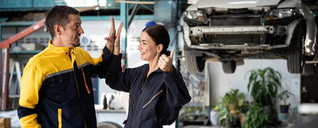 Two happy vehicle mechanic celebrate and high five after made successful car inspection or repair in...