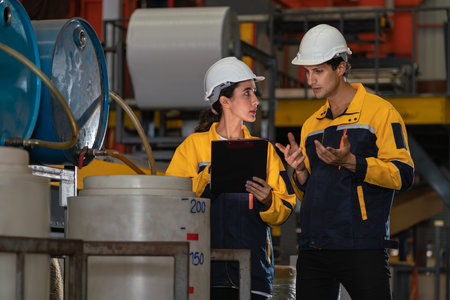 Two factory workers or engineers conduct professional inspection on machine or procedure in chemical plant, chemistry factory workplace and industrial profession concept. Exemplifyingの写真素材