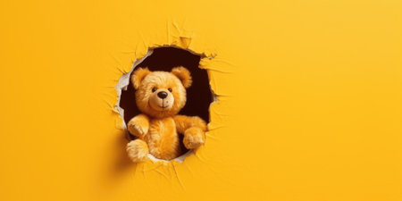Cute Teddy Bear peeking out of a hole in wall, torn hole, empty copy space frame, mockup. Generative AI image weber.の素材