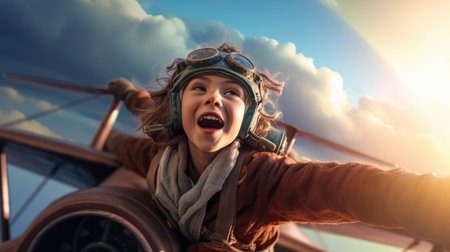 Aviator Girl, excited, flying above clouds in the sky. Generative AI image weber.の素材