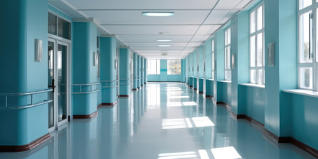 Hospital corridor with windows and blue walls, in the style of bokeh, light gray, bauhaus, light white, skillful. Generative AI image weber.の素材