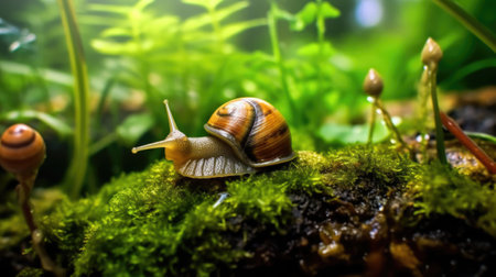 photo of a snail, macro photography , stream of fresh water, young green plant, outdoor springtime. beautiful Generative AI AIG32の素材