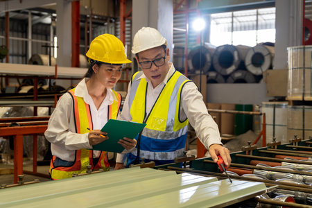 Factory engineer manager collaborate with coworker to conduct quality control on metal sheet product...