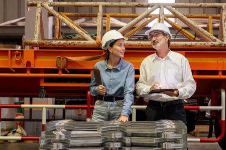 Metalwork manufacturing factory manager oversees highest quality of metal or steel frame for heavy...