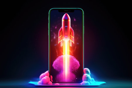Rocket coming out of smartphone screen , neon light. beautiful Generative AI AIG32の素材