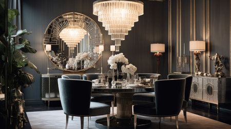 Interior design inspiration of Art Deco Glamorous style home dining room loveliness decorated with Glass and Mirrored material and Art Deco Chandelier .Generative AI home interior design .の素材
