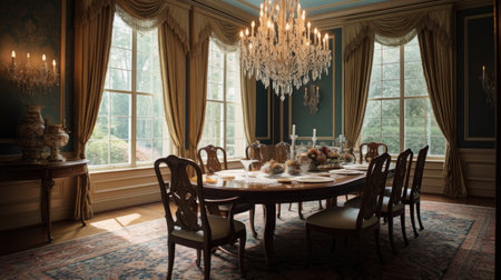 Interior design inspiration of Traditional Classic style home dining room loveliness decorated with Wood and Silk material and Crystal Chandelier .Generative AI home interior design .の素材