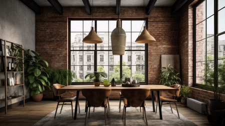 Interior design inspiration of Rustic Industrial style home dining room loveliness decorated with Wood and Metal material and Exposed Brick .Generative AI home interior design .の素材