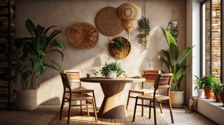 Interior design inspiration of Bohemian Eclectic style home dining room loveliness decorated with Wood and Wicker material and Textured Wall .Generative AI home interior design .の素材