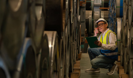 Warehouse inventory management in metalwork factory with engineer or inspector conduct storage check and quality control assessment on cylinder rolled metal for civil engineering project. Exemplifyingの写真素材