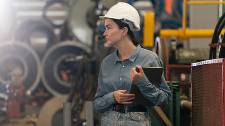 Metalwork manufacturing factory inspection, female engineer inspector with safety equipment conduct...