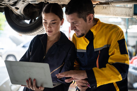 Two vehicle mechanic working together underneath lifted car, conduct car inspection with laptop....