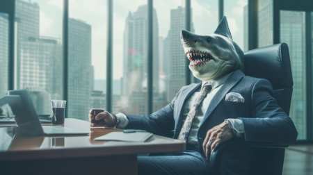 Business Shark In Suit sitting in the office. Generative AI image weber.の素材
