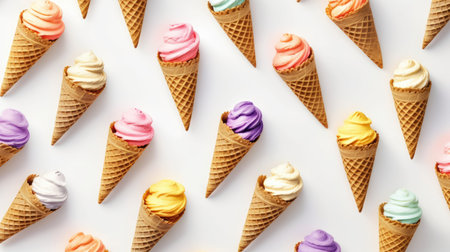 Top view photo of many ice cream, colorful, wafer cones, maximalism, isolated pastel white background with copyspace. Generative AI image weber.の素材
