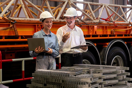 Metalwork manufacturing factory manager oversees highest quality of metal or steel frame for heavy...