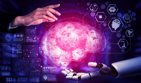 3D rendering artificial intelligence AI research of robot and cyborg development for future of...