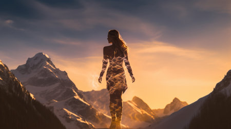 Woman in Yoga Full Body Backlit Pose in the breath taking Alpine. Generative AI image weber.の素材