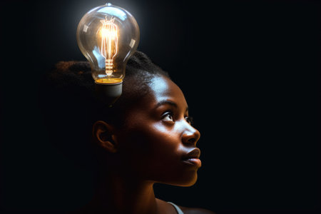 bright light bulb float above of young african woman's head. beautiful Generative AI AIG32の素材