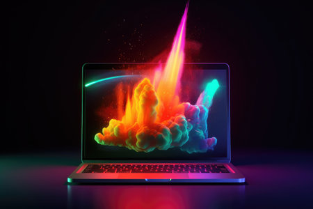 Rocket coming out of laptop screen neon light. beautiful Generative AI AIG32の素材