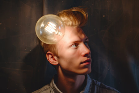 bright light bulb floating above of young scandinavian man's head. beautiful Generative AI AIG32の素材