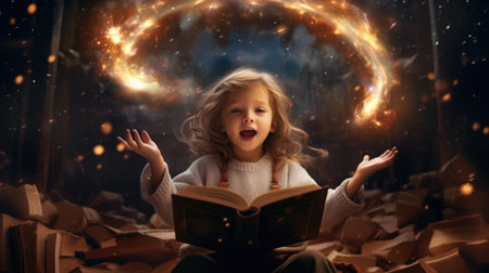 Girl excited with an opened magical book with wave of astral magical elements flowing out. Generative AI image weber.の素材