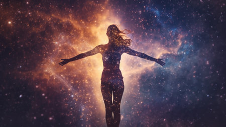 Woman in Yoga Full Body Backlit Pose in the Nebula Galaxy. Generative AI image weber.の素材