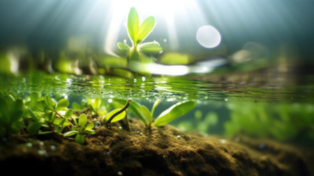 half underwater, macro photography, stream of fresh water, young green plant, outdoor springtime. beautiful Generative AI AIG32の素材