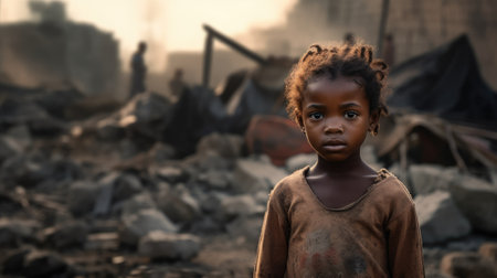 A sad face of a little African girl standing in front of collapse buildings area, natural disaster or war victim. beautiful Generative AI AIG32の素材