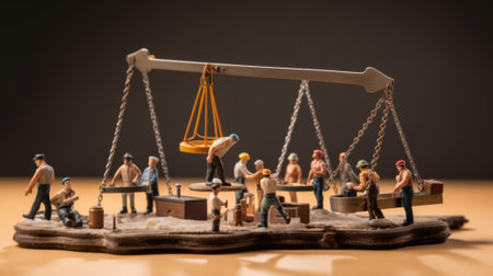 A scale of justice on a table top with workers working in construction site in law concept. beautiful Generative AI AIG32の素材