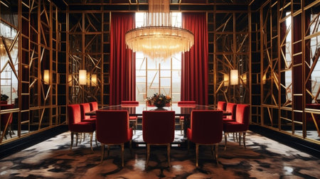 Interior design inspiration of Art Deco Glamorous style home dining room loveliness decorated with Velvet and Gold material and Mirrored Wall .Generative AI home interior design .の素材