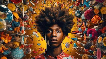 Overwhelming information data explode out of head of young human brain, too much media, too much information, maximalism, news, social media addiction. Generative AI image weber.の素材