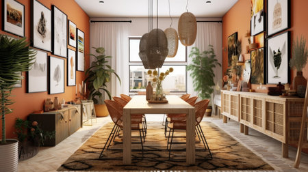 Interior design inspiration of Contemporary Bohemian style home dining room loveliness decorated with Glass and Rattan material and Gallery Wall .Generative AI home interior design .の素材
