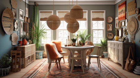 Interior design inspiration of Bohemian Eclectic style home dining room loveliness decorated with Wood and Textile material and Gallery Wall .Generative AI home interior design .の素材