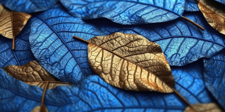 Dry Gold Blue leaves Surface textured background, realism, realistic, hyper realistic. Generative AI image weber.の素材