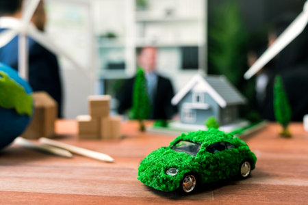 EV car model on table with blurred business people planning business marketing for eco-friendly car in background. Greener future with alternative energy utilization in business concept. Quaintの写真素材
