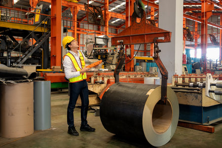 Machine operator skillfully operate steel forming machinery, making cylinder rolled steel for heavy...
