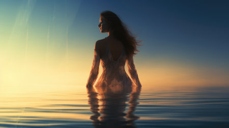 Woman in Yoga Full Body Backlit Pose in the breath taking Ocean. Generative AI image weber.の素材