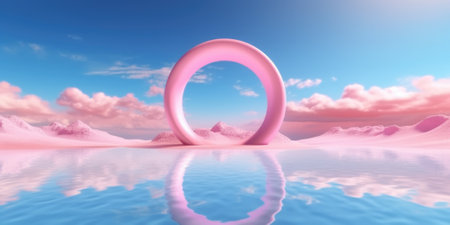 3d rendering abstract fantasy background. Surreal fantastic landscape. Blue sky, white fluffy clouds, neon round linear frame, calm water, pink sand dunes. Virtual reality paradise wallpaper. Generative AI image weber.の素材