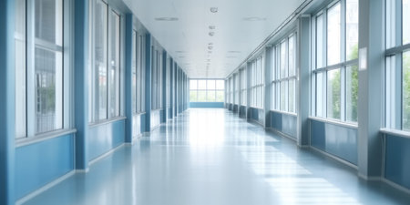 Hospital corridor with windows and blue walls, in the style of bokeh, light gray, bauhaus, light white, skillful. Generative AI image weber.の素材